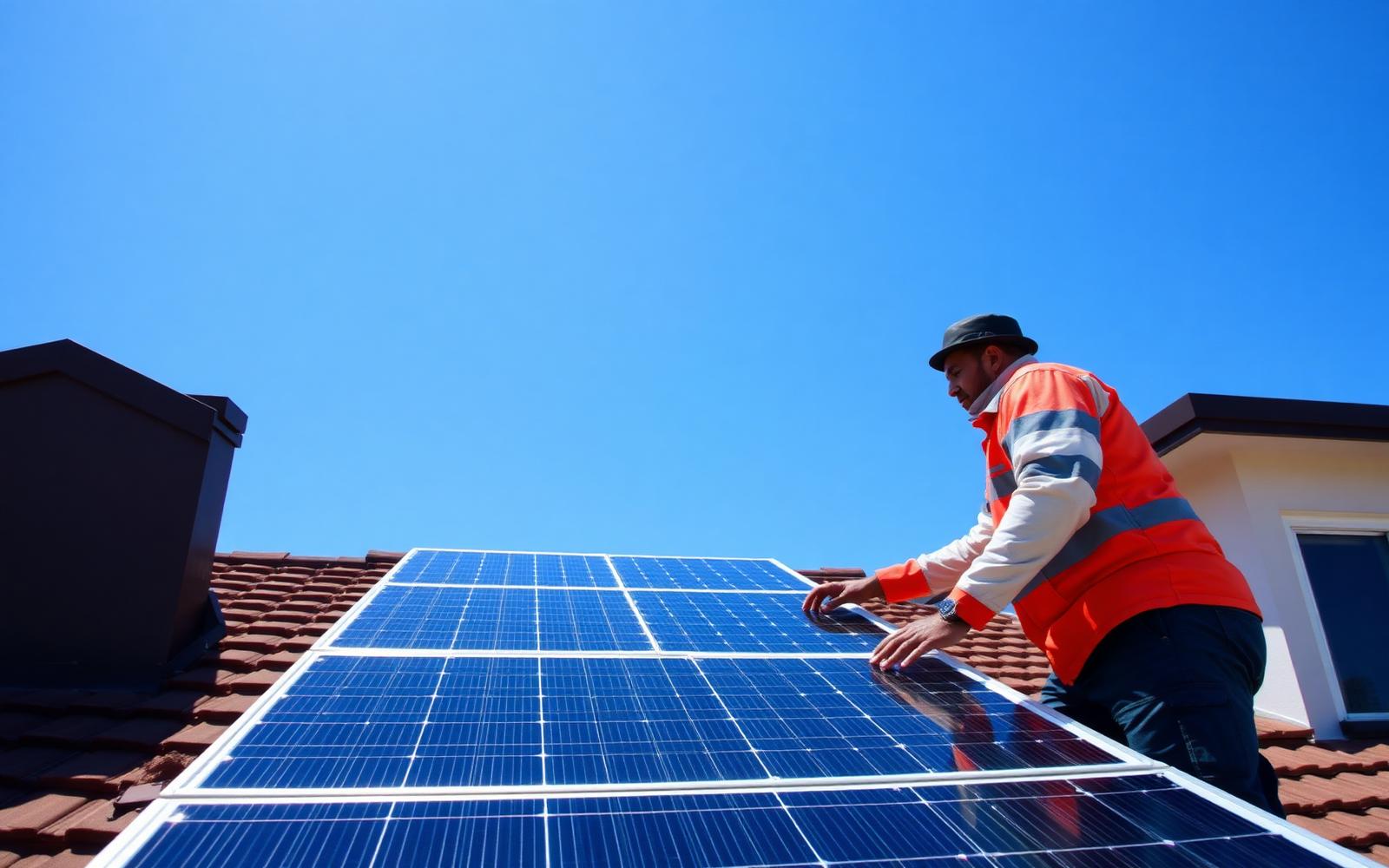 Técnico especializado inspecionando módulos fotovoltaicos instalados em telhado residencial